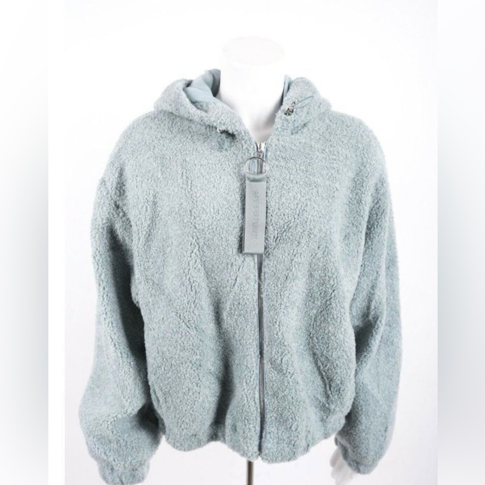 🌟Bershka Girls Teddy Coat Jacket L Blue Hooded Zip Faux Shearling NWT